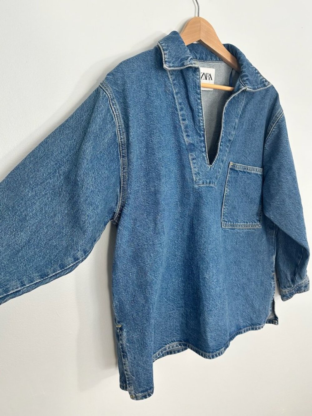 Zara Denim V-Neck Popover Tunic Top Size M - Picture 5 of 7